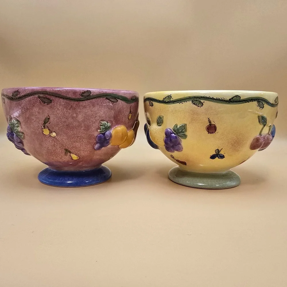 Sango Sangria 3075 Sue Zipkin Footed Fruit Bowls Set of 2 Mauve Yellow‎ Ceramic